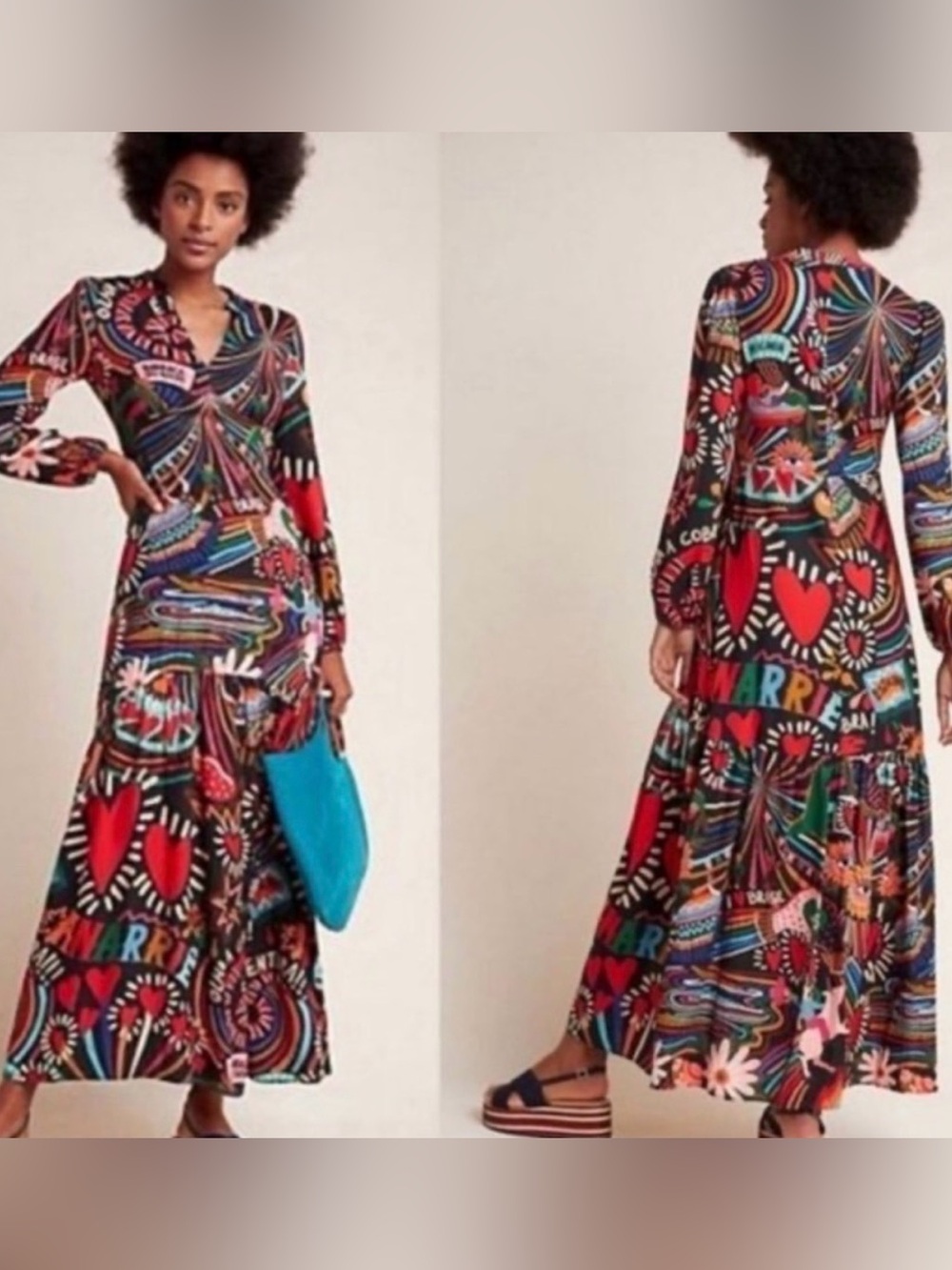 Farm Rio Anthropologie Multicolor Graphic Heart Print Maxi Dress